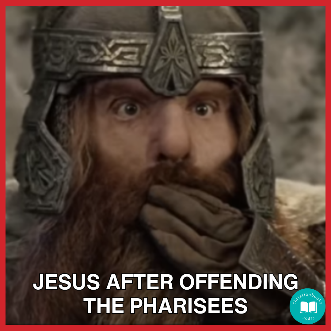 Gimli sarcastically covers mouth with his hand. Caption: Jesus after offending the Pharisees
