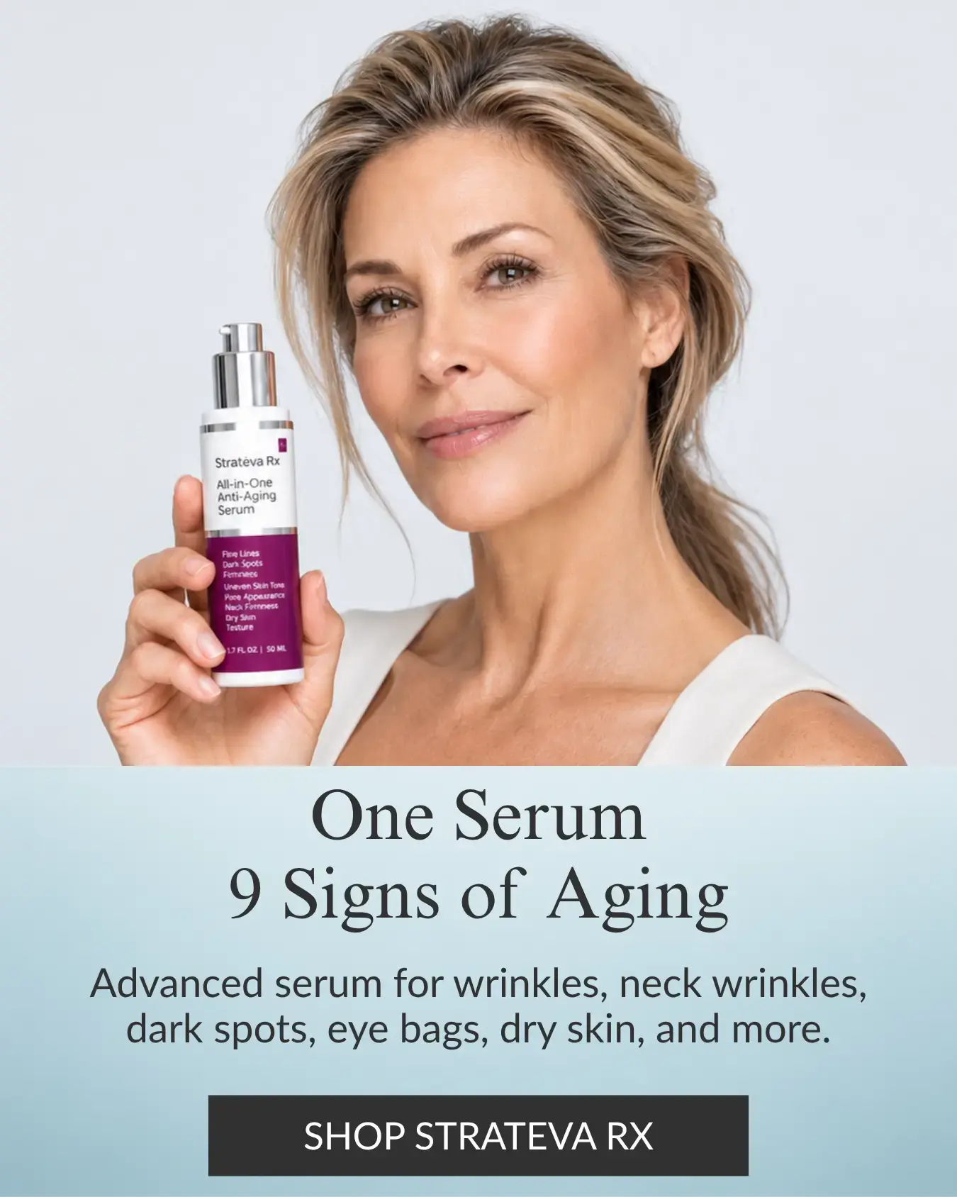 Gorgeous model holding the LeVaye strateva serum bottle with text below stating: Brighter. smoother. Firmer, Vitamin C Beyond Brightening