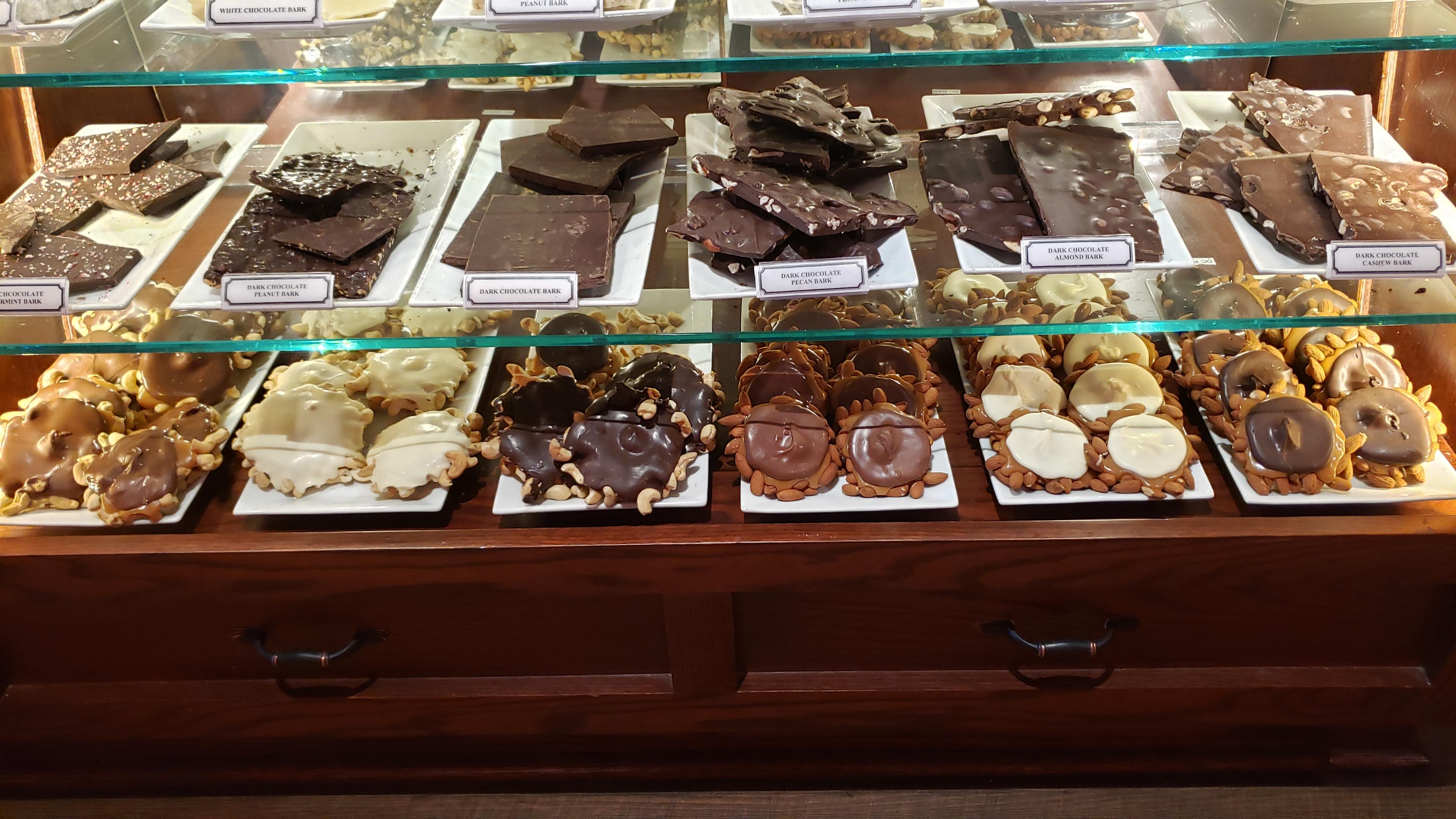 Candy display case with fudge and chocolates at River Street Sweets Lancaster
