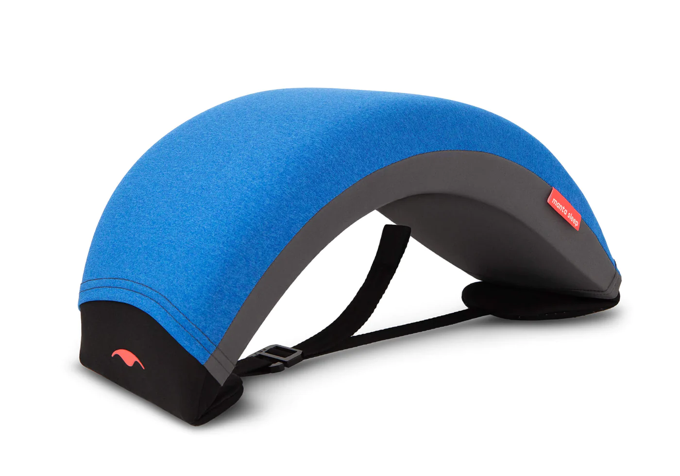 A blue nap pillow with an adjustable arc design.