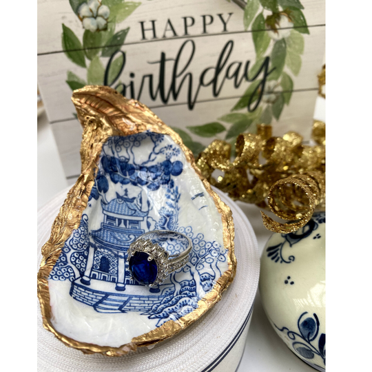 Oyster Shell Jewelry Dish Blue and White Chinoiserie Design Great Birthday Present