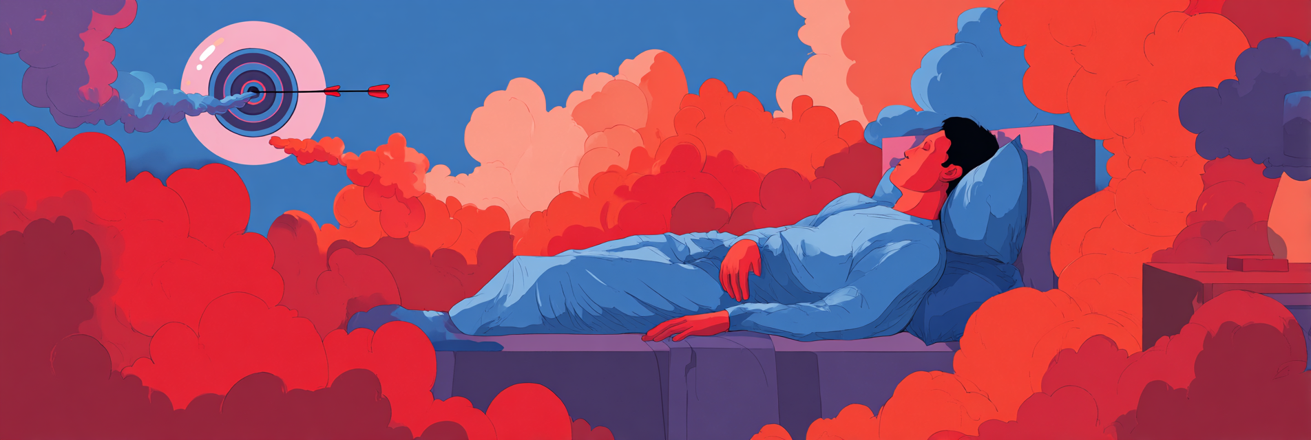 A sleeping man who is lucid dreaming about practicing his archery aim. A bullseye with arrows hangs above him.