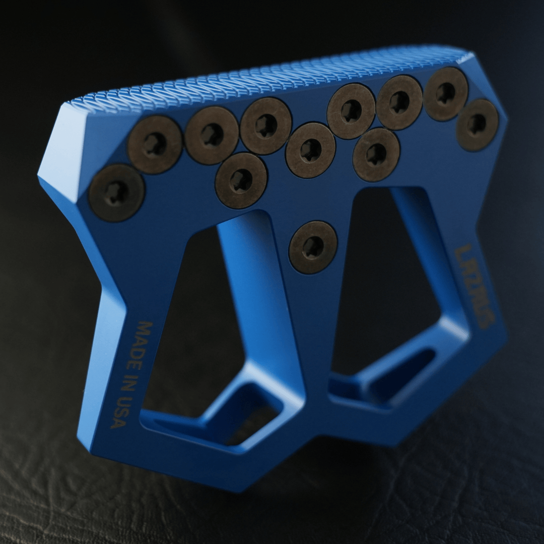 Lazrus LAZ3 zero torque mallet putter in Red finish showing face of the club with screws, logo and milled face