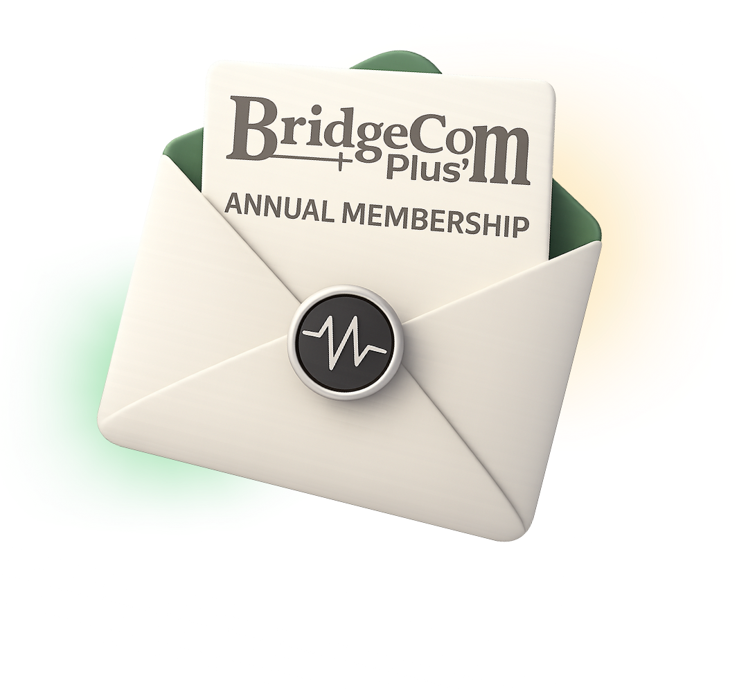 White envelope with text BridgeCom Plus Annual Membership