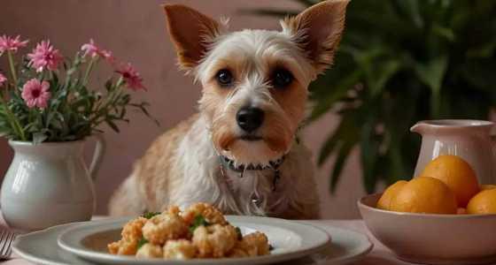 Dog in front of a table with foods
