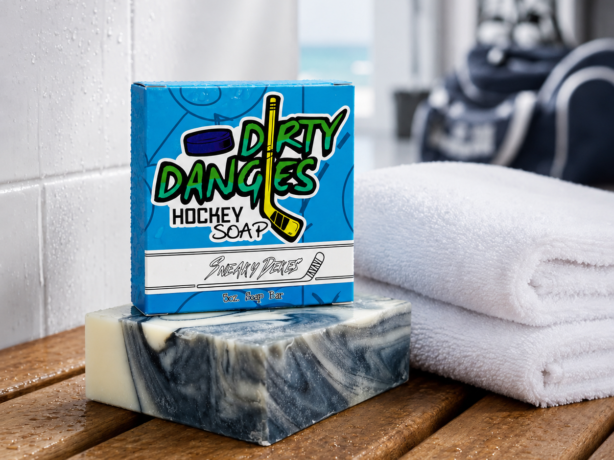 sneaky dekes black and white swirl hockey soap bar in a clean hockey locker room