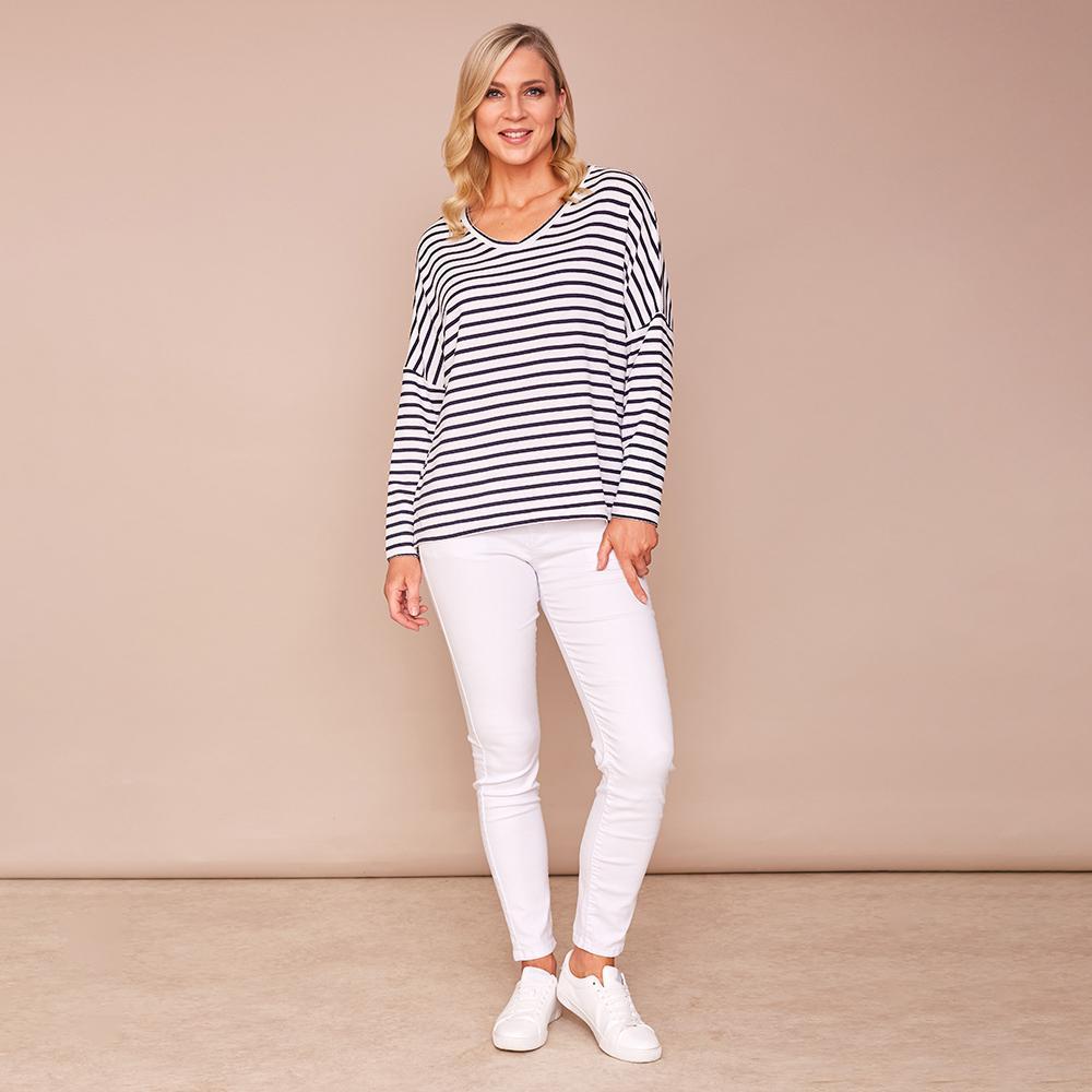 Amy V Neck Stripe Top (White)