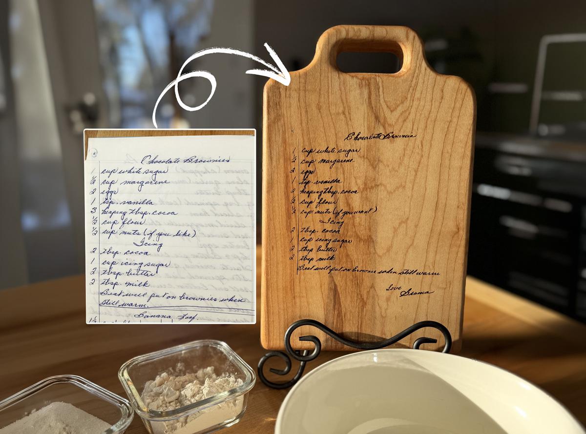 Handwritten family recipe beside engraved maple recipe board showing how engraving mirrors handwriting exactly.