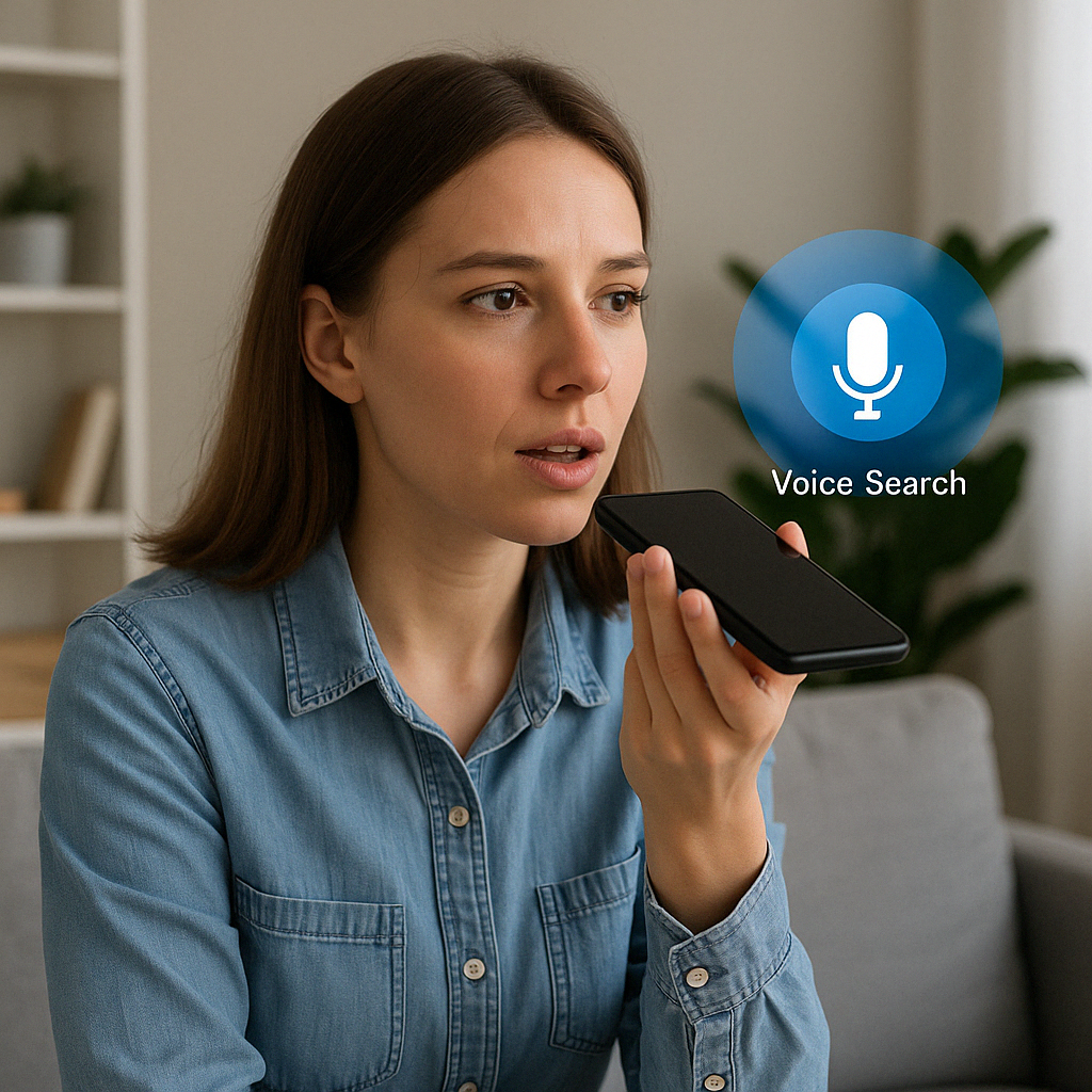 A young woman with straight brown hair sits in a bright, modern living room, holding a smartphone close to her mouth as she uses voice search. She wears a denim button-up shirt and appears focused on speaking into the device. A digital microphone icon floats beside her, symbolizing the voice search function.