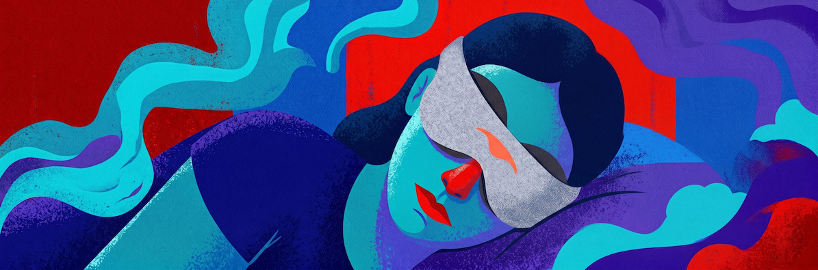 Person sleeping deeply on a pillow wearing the Manta Sleep Mask — editorial illustration for an article on what is sleep debt.