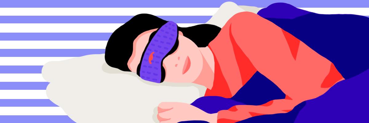 A woman sleeping on her side wearing a blue mesh non slip sleep mask.