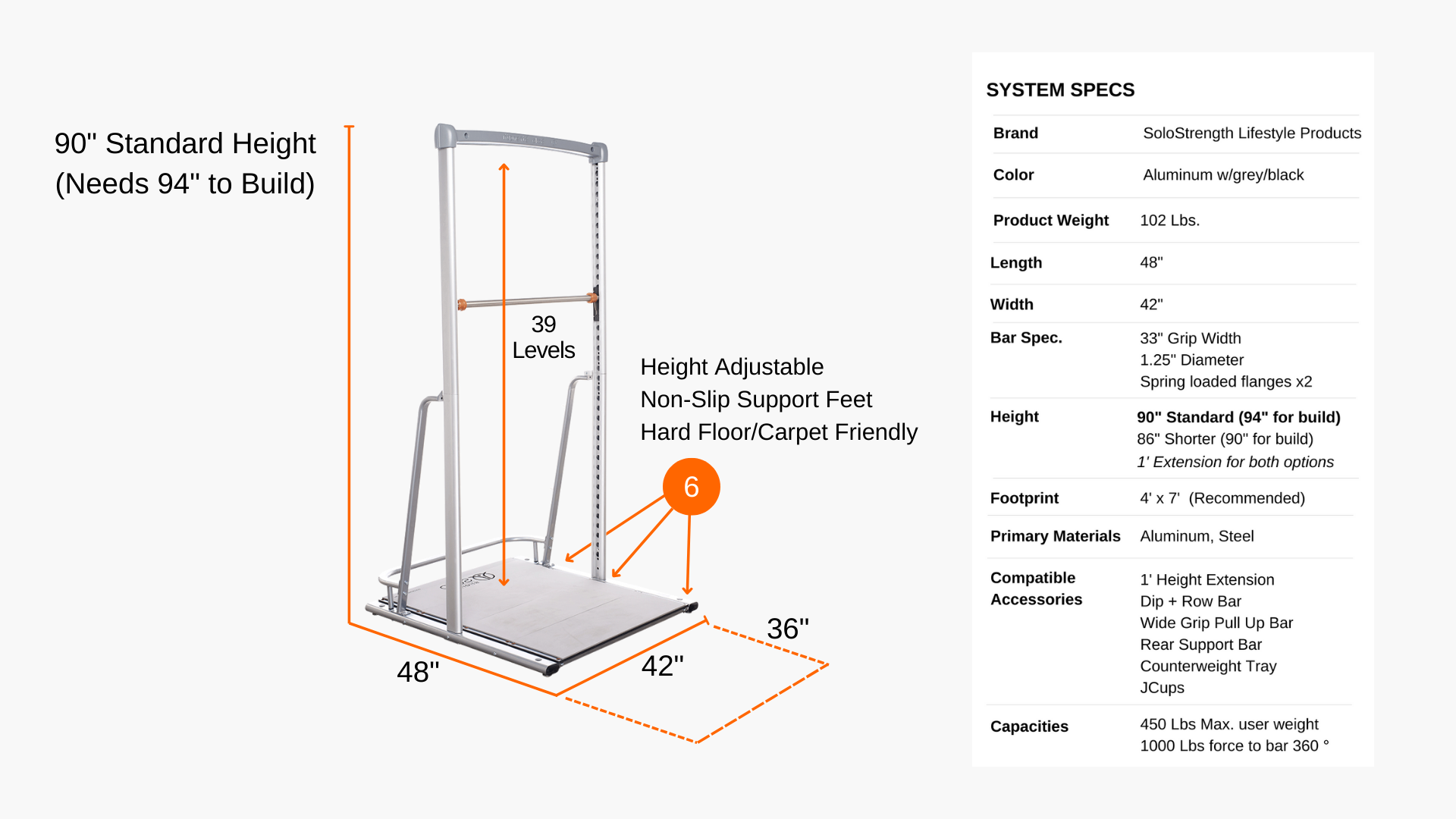 Desktop Specifications for freestanding adjustable height pull up bar bodyweight training equipment and dip station by solo strength