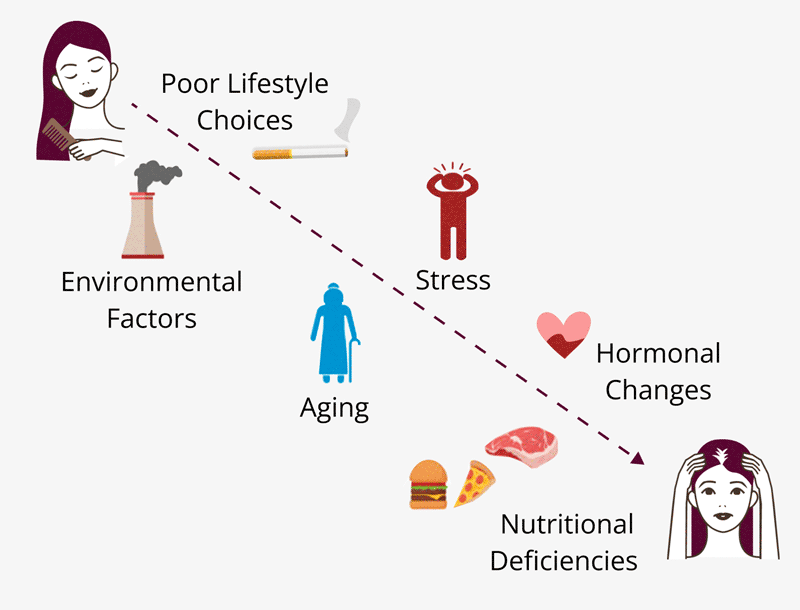 Root causes affecting hair: stress, aging, hormonal changes, nutrition, environment, lifestyle