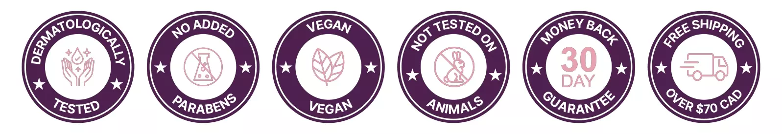 Dermatologically tested, No added Parabens, Vegan, Not tested on animals, 30 days money back guarantee badge_Desktop