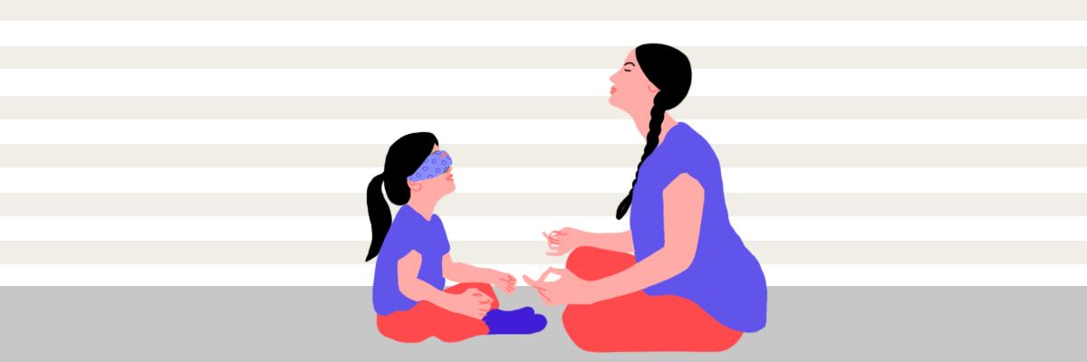 A kid meditating on the floor of her bedroom with her mom, wearing a sleep mask.