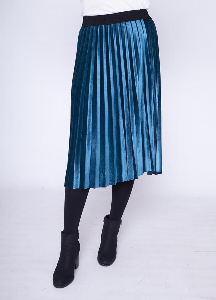 Stretch Waist Pleat Velvet Skirt in Teal