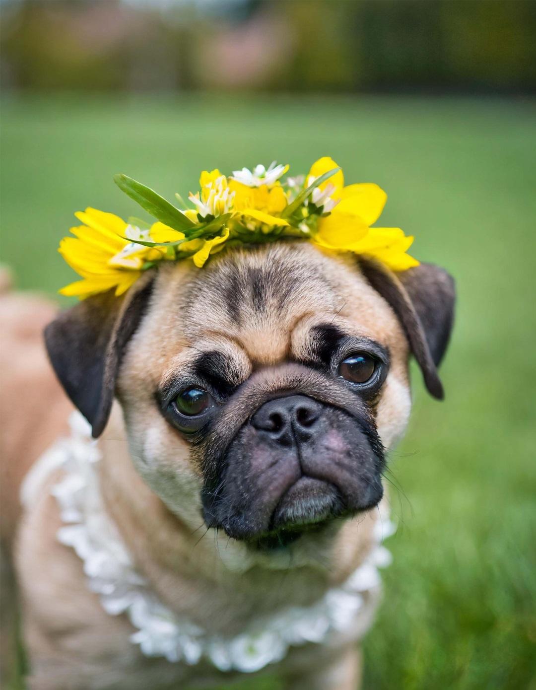 Cute pug dog with yellow flower wreath on head.