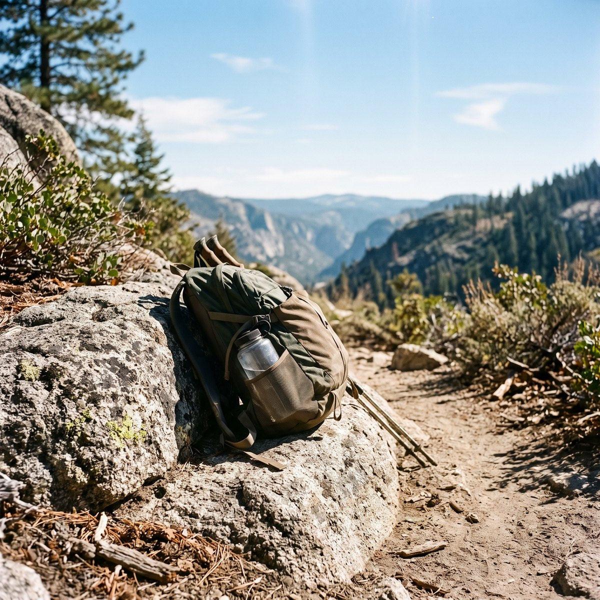 Hiking daypack with a water bottle resting on a granite rock above a valley
