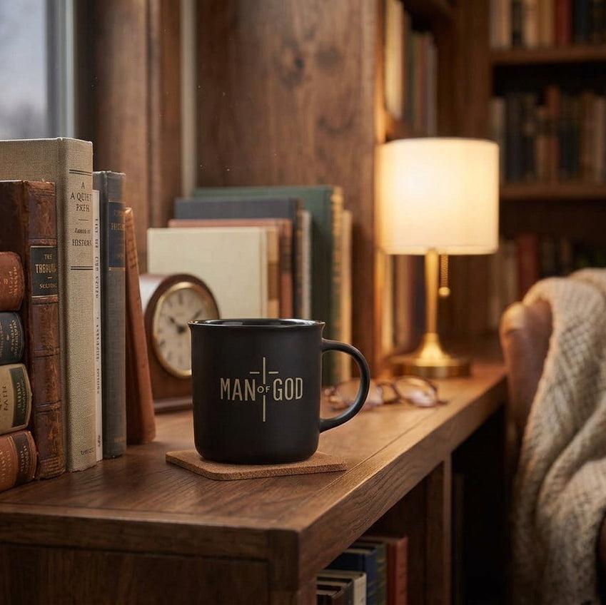 Man of God matte black ceramic mug on a wooden study desk beside books and a lamp