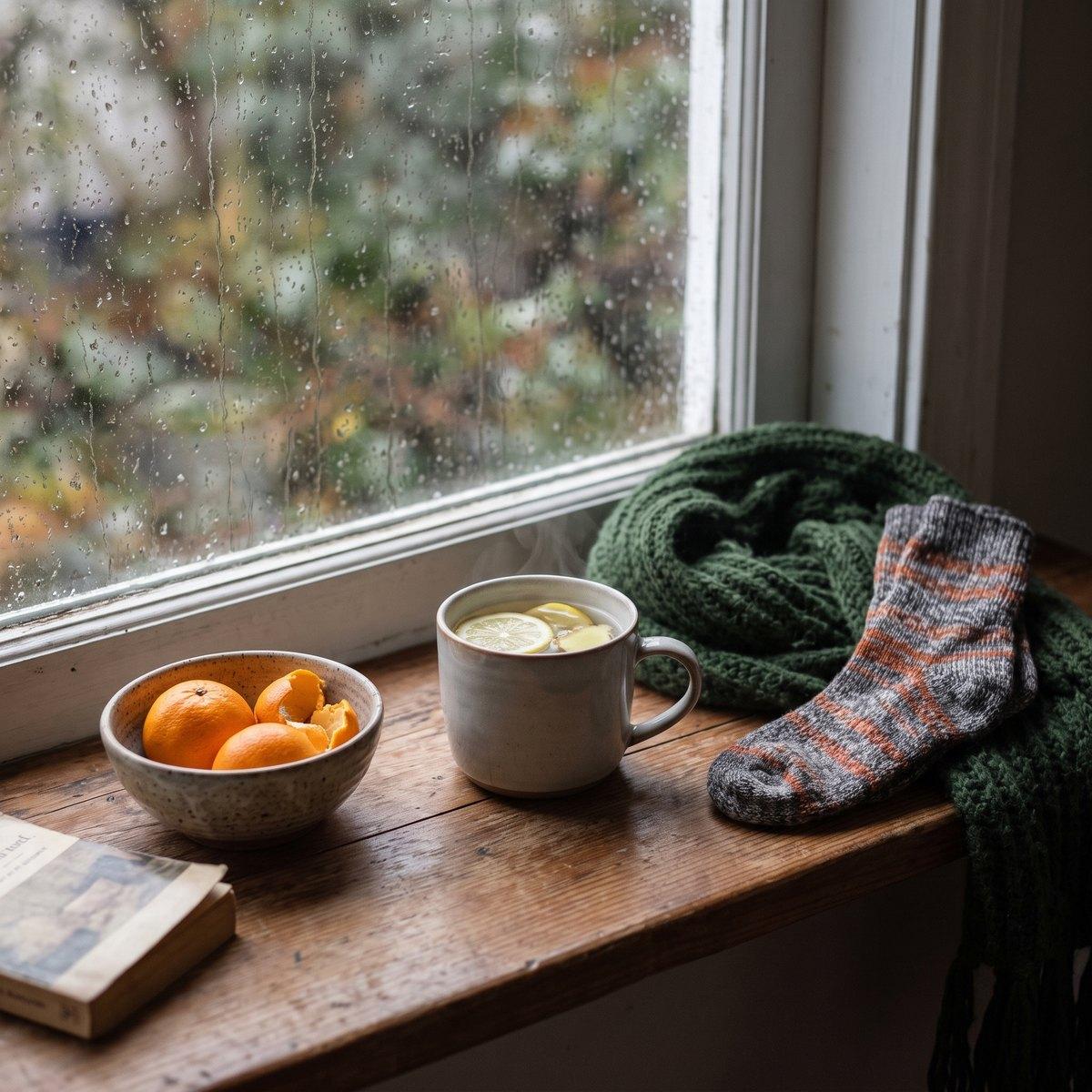 Rainy window with a mug of hot lemon and ginger, oranges and a knit scarf