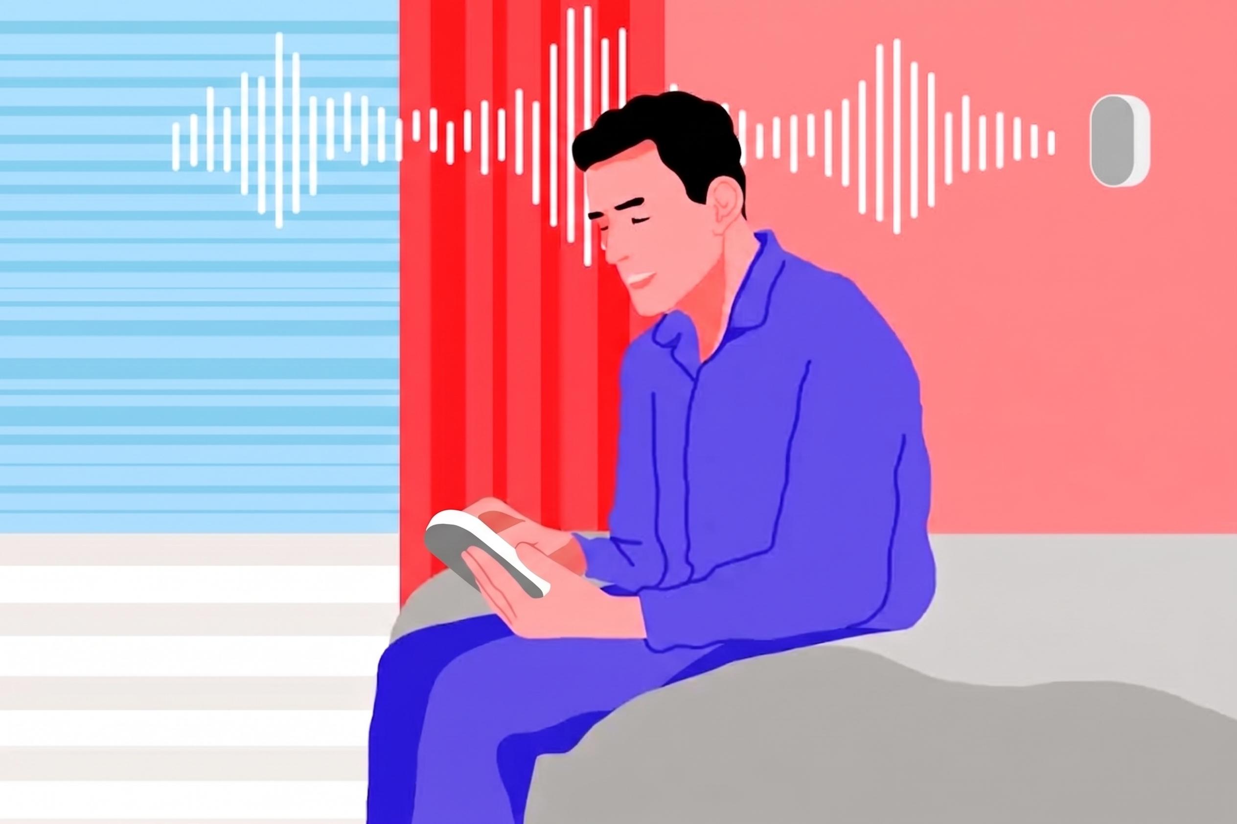 Man adjusting a white noise machine at bedtime, with sound waves showing how loud white noise should be for adults.