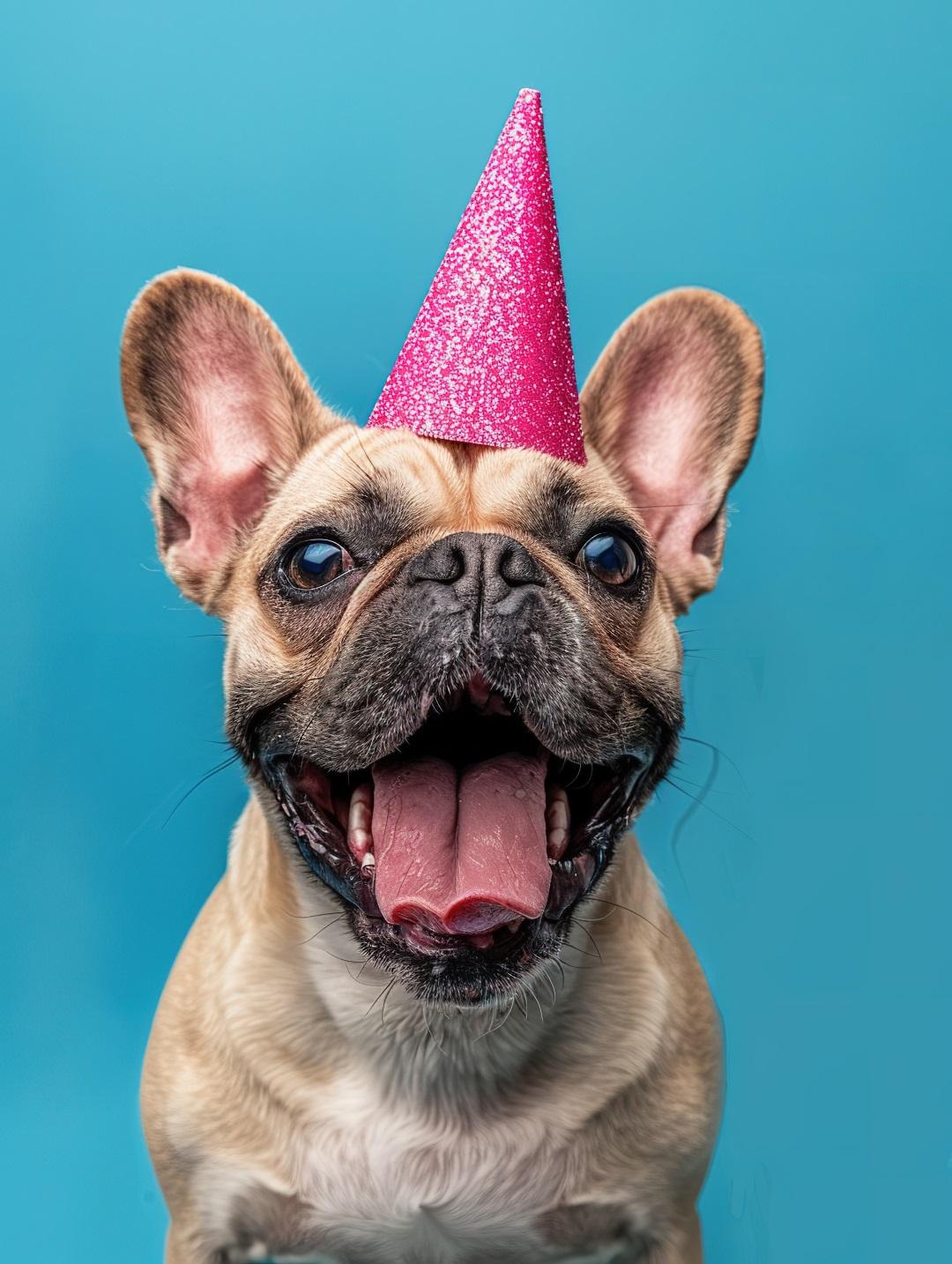 Portrait of a dog in a festive hat for his birthday