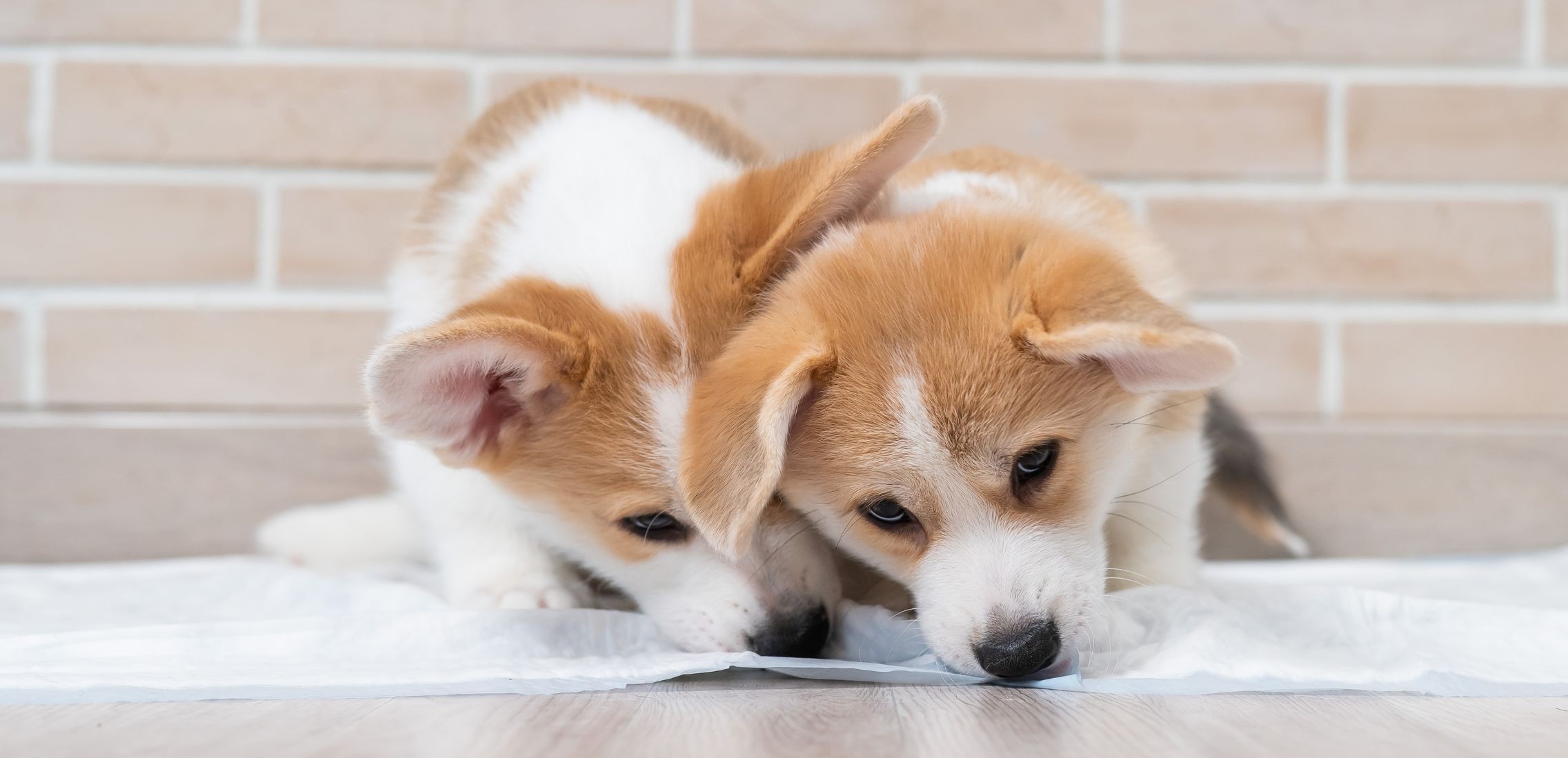 Two corgi puppies chewing disposable pee pad