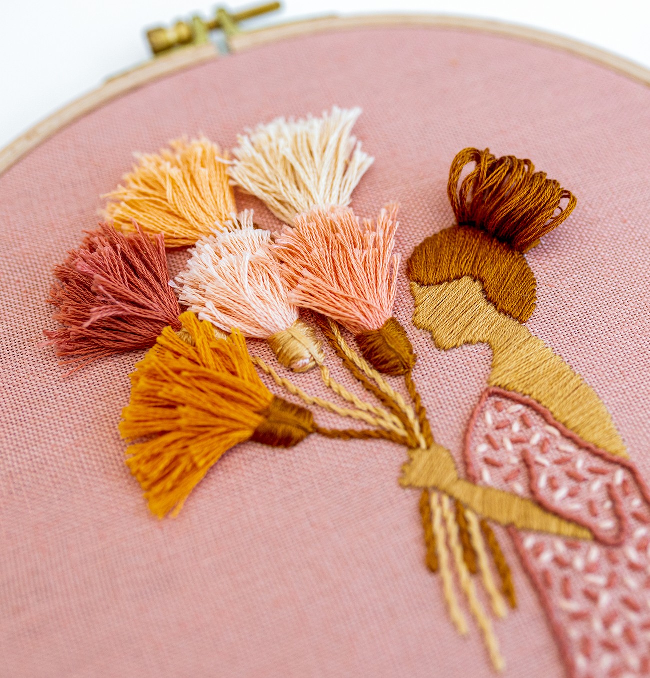 A satin stitch tunnel makes up the hair of The Florist pattern.