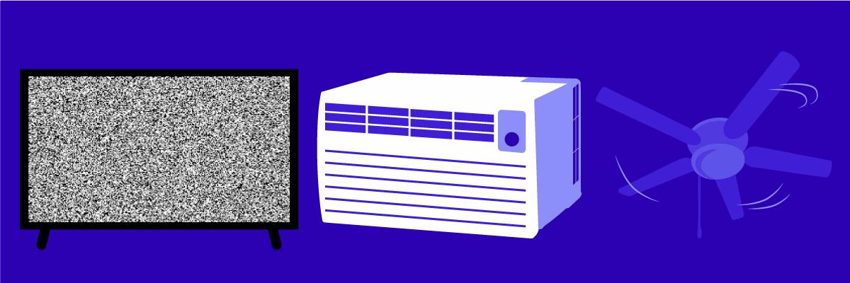 Examples of white noise. From left: a TV with static, an air conditioner and a whirring electric fan.