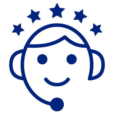 Simple icon of a smiling customer service representative with five stars above their head.