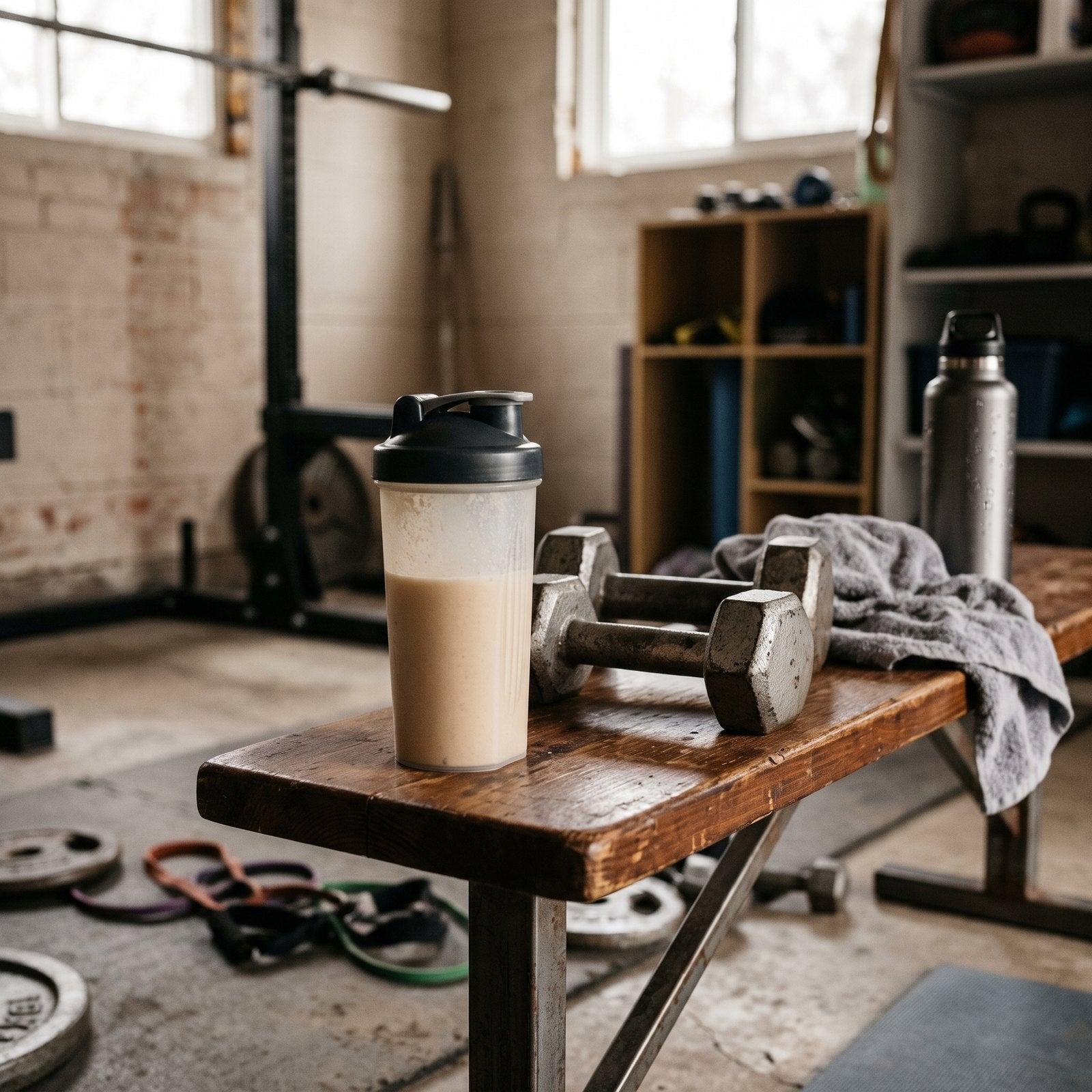 Protein shake on a gym bench beside dumbbells and a towel