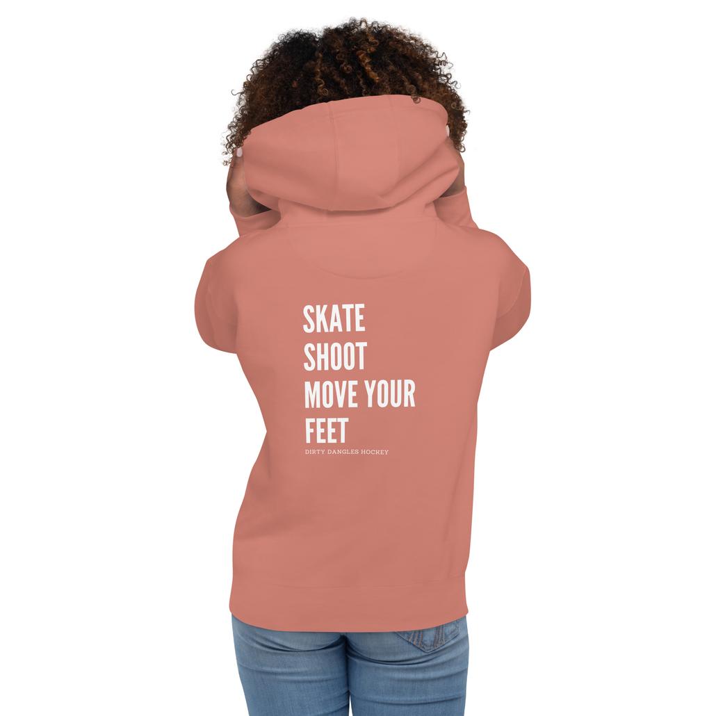 A hockey mom in a pink pullover hoodie. Skate shoot move your feet
