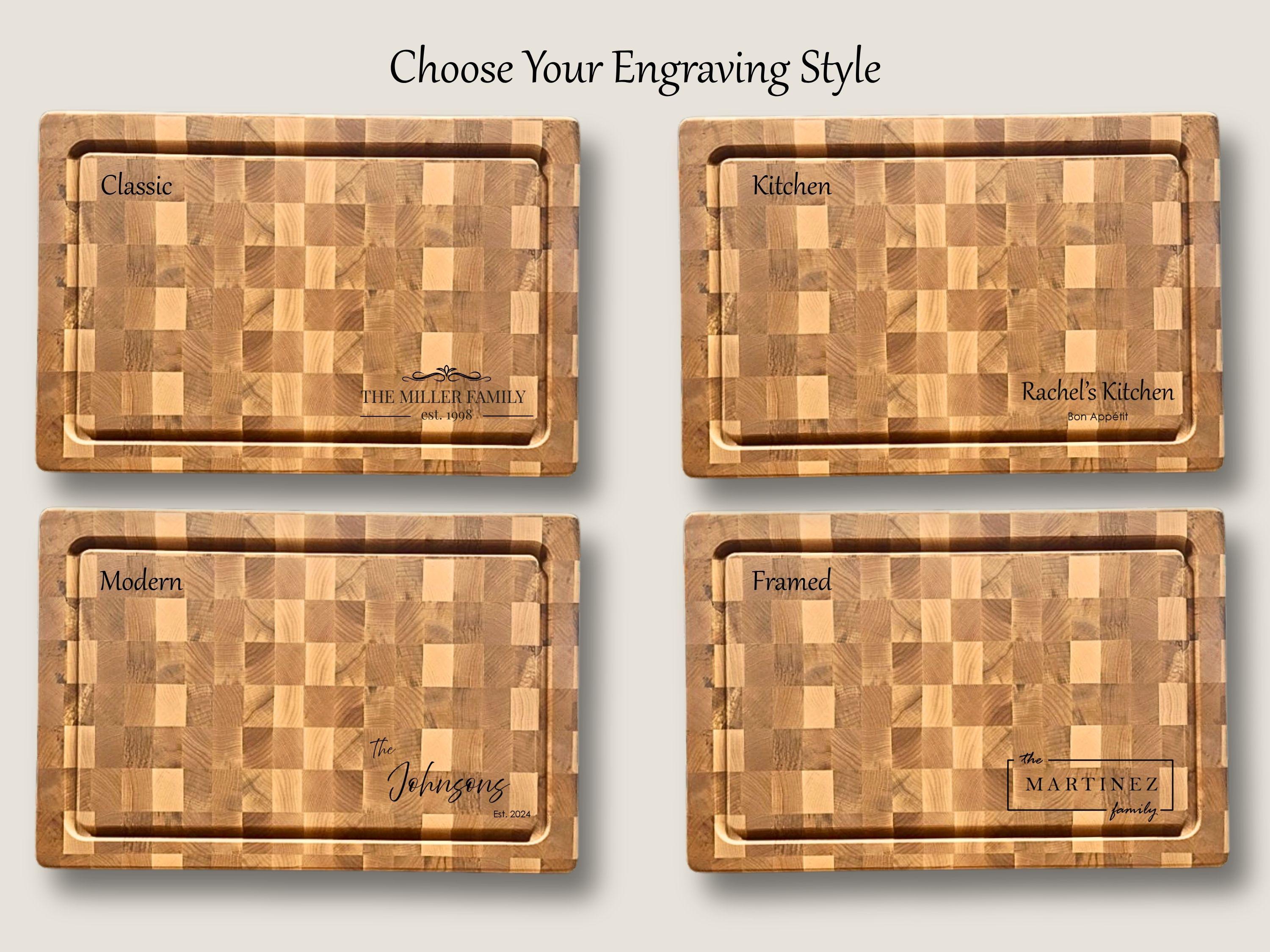 Three engraving style options for personalized live edge walnut charcuterie boards