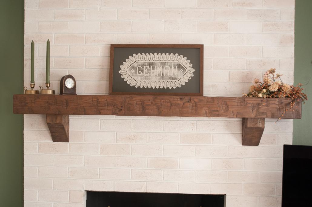 hand hewn oak fireplace mantel