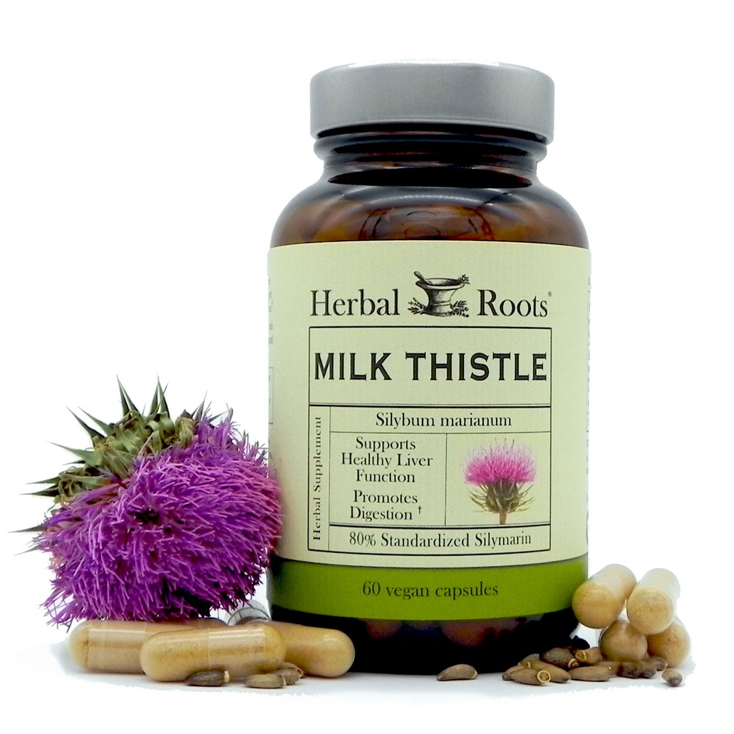 Herbal Roots Milk Thistle bottle with capsules, milk thistle flower and seeds