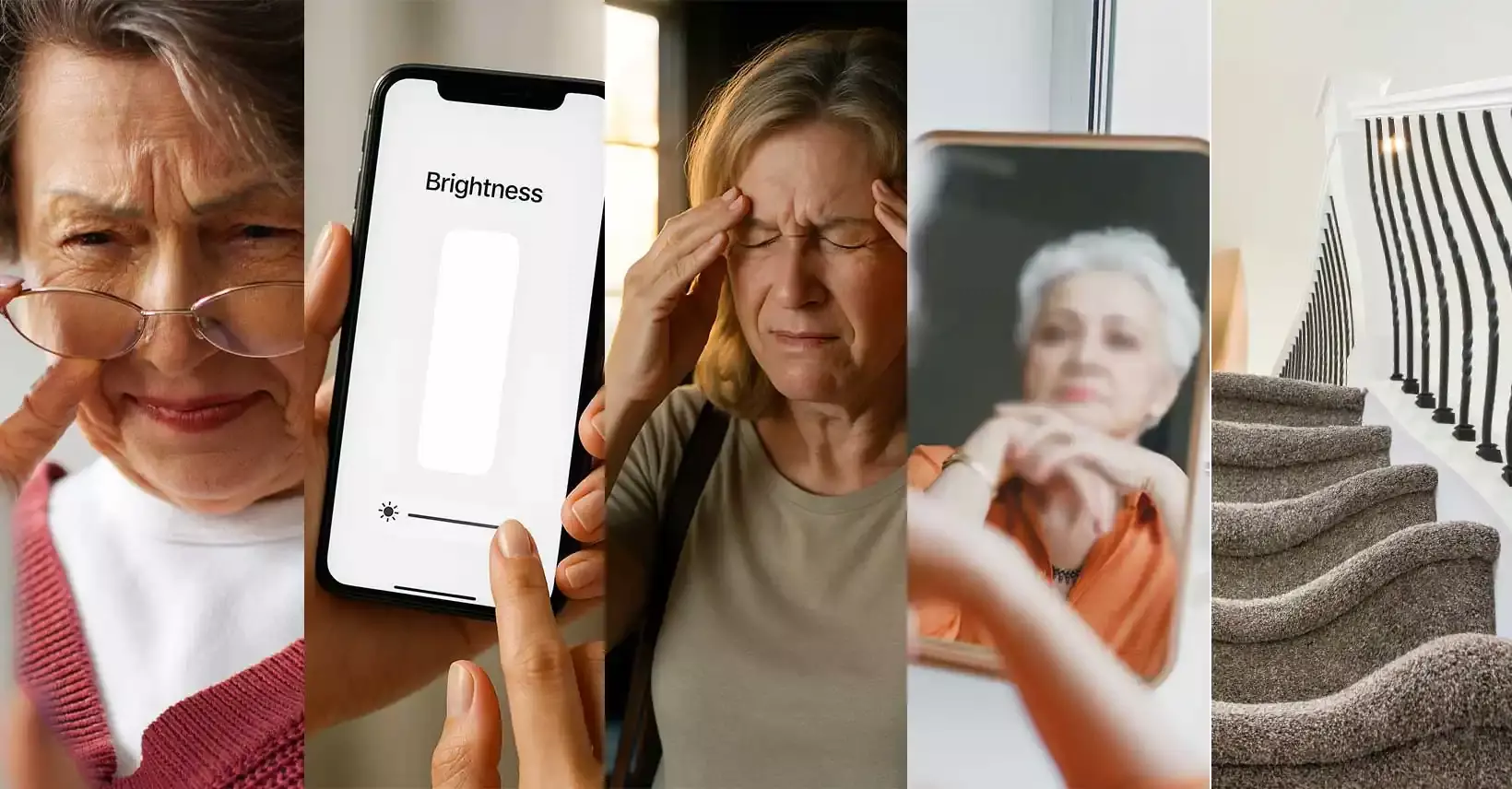 A lady with Eye Fatigue/ Phone Brightness at max/ cannot adjust to low light/Blurry Spots in Vision/ Straight Lines look waxy