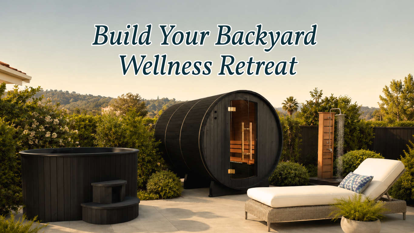 Black Sauna Barrel with black cold plunge and a chaise.