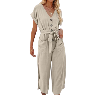 V-neck Lace-up Pocket Jumpsuit With Tie