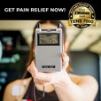 A woman holding a TENS unit toward the camera. Text, "Get pain relief now!"