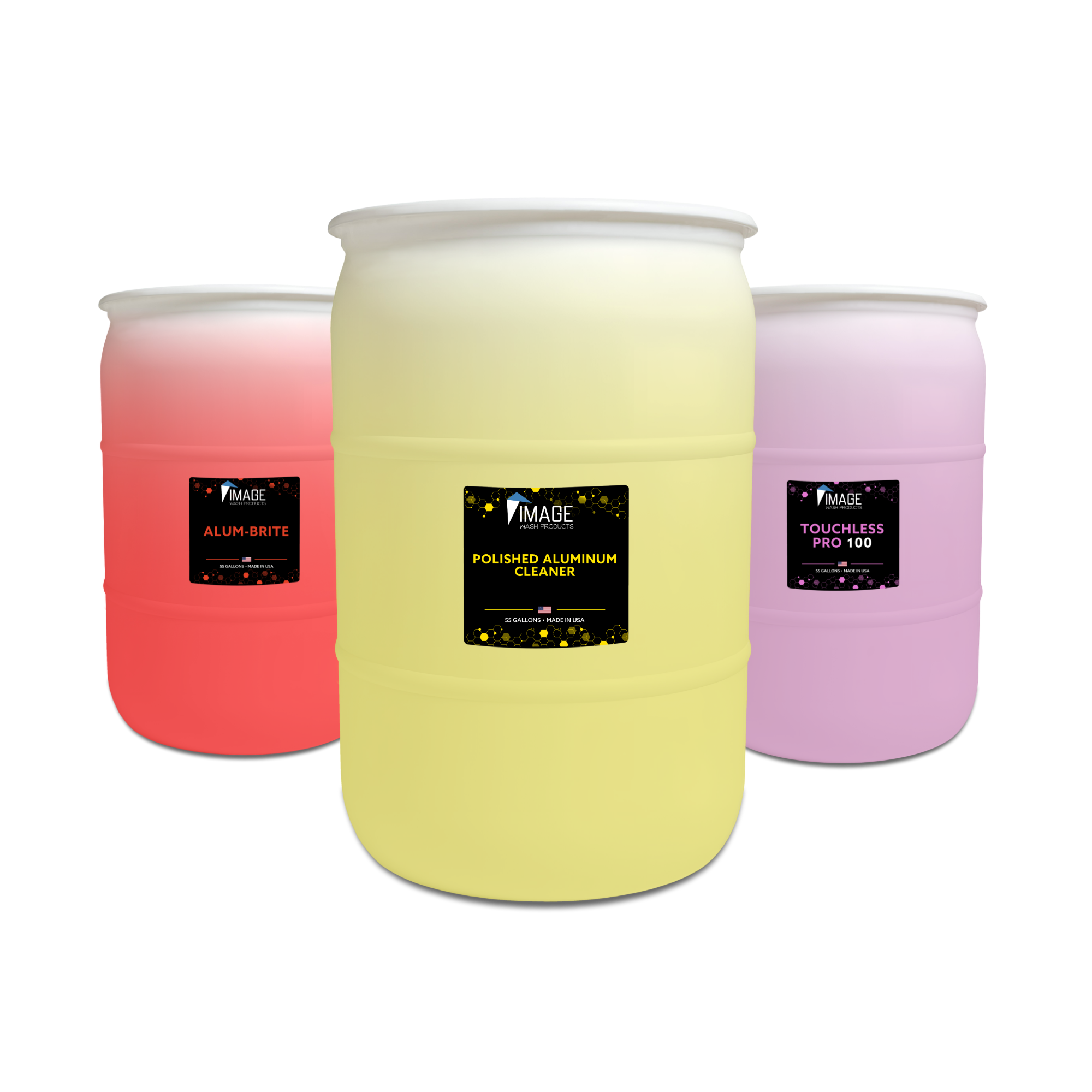 55-gallon drums of commercial heavy-duty truck wash chemicals by Image Wash Products.