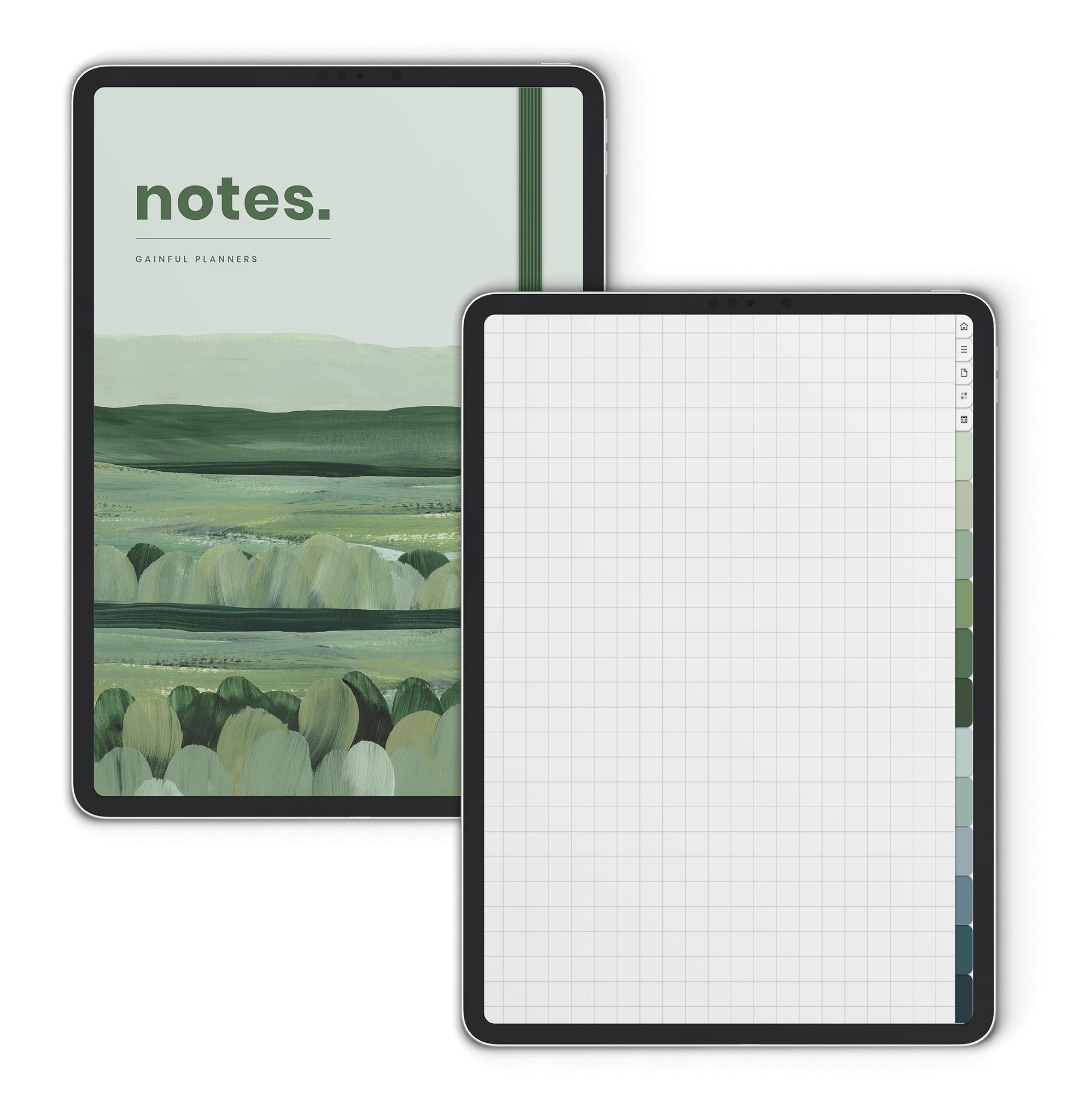 Pastures digital notebook displayed on iPad, featuring section dividers and note pages