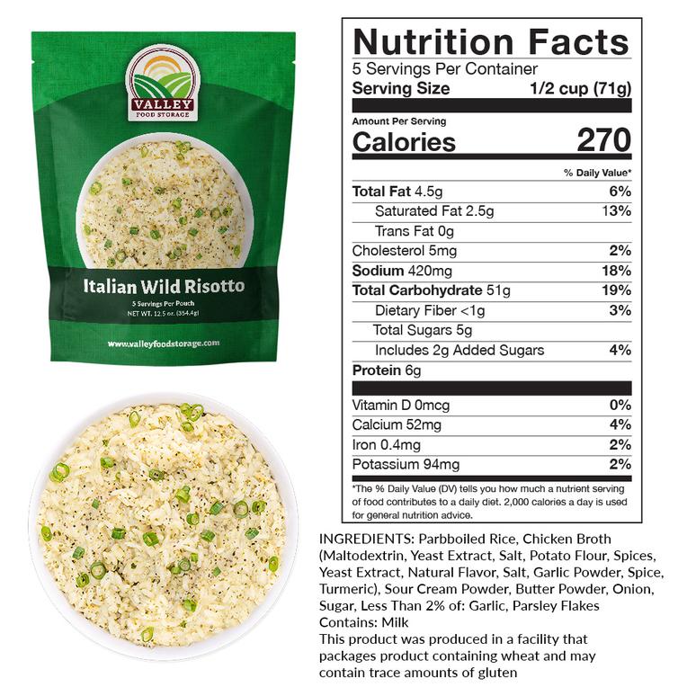 Italian Wild Risotto 10 Pack Bucket 10 Bags Bucket Valley   Italian Wild Risotto Nutrition Facts Image 