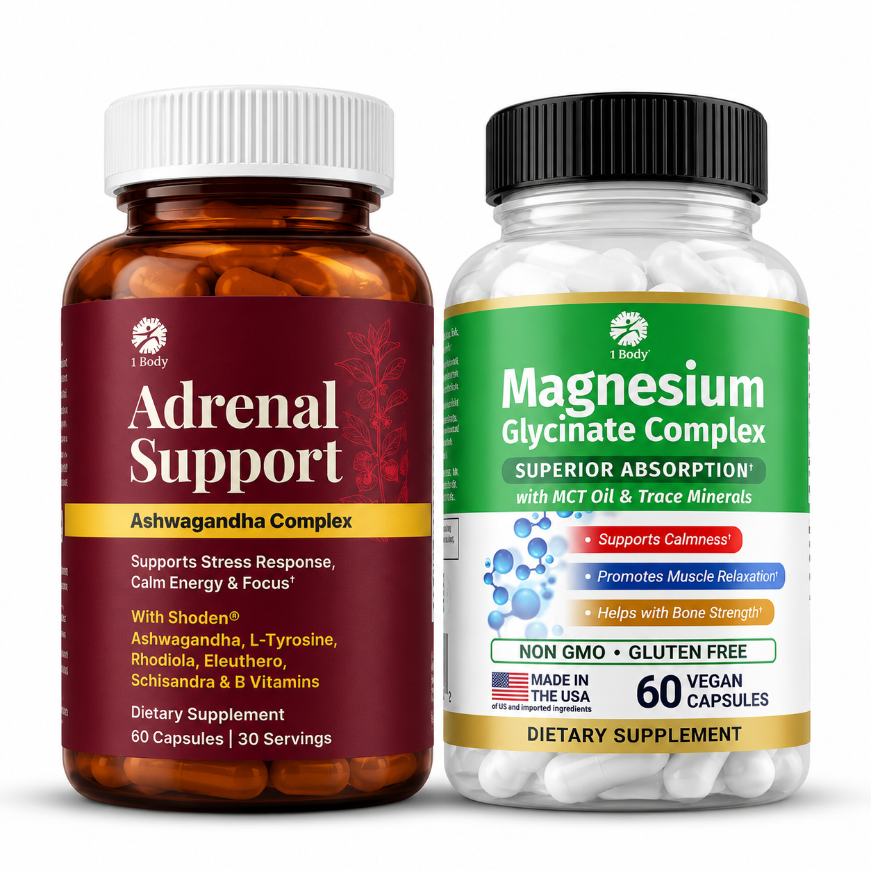 Close-up of adrenal support and magnesium supplement bottles, emphasizing their labels and health benefits for consumers.