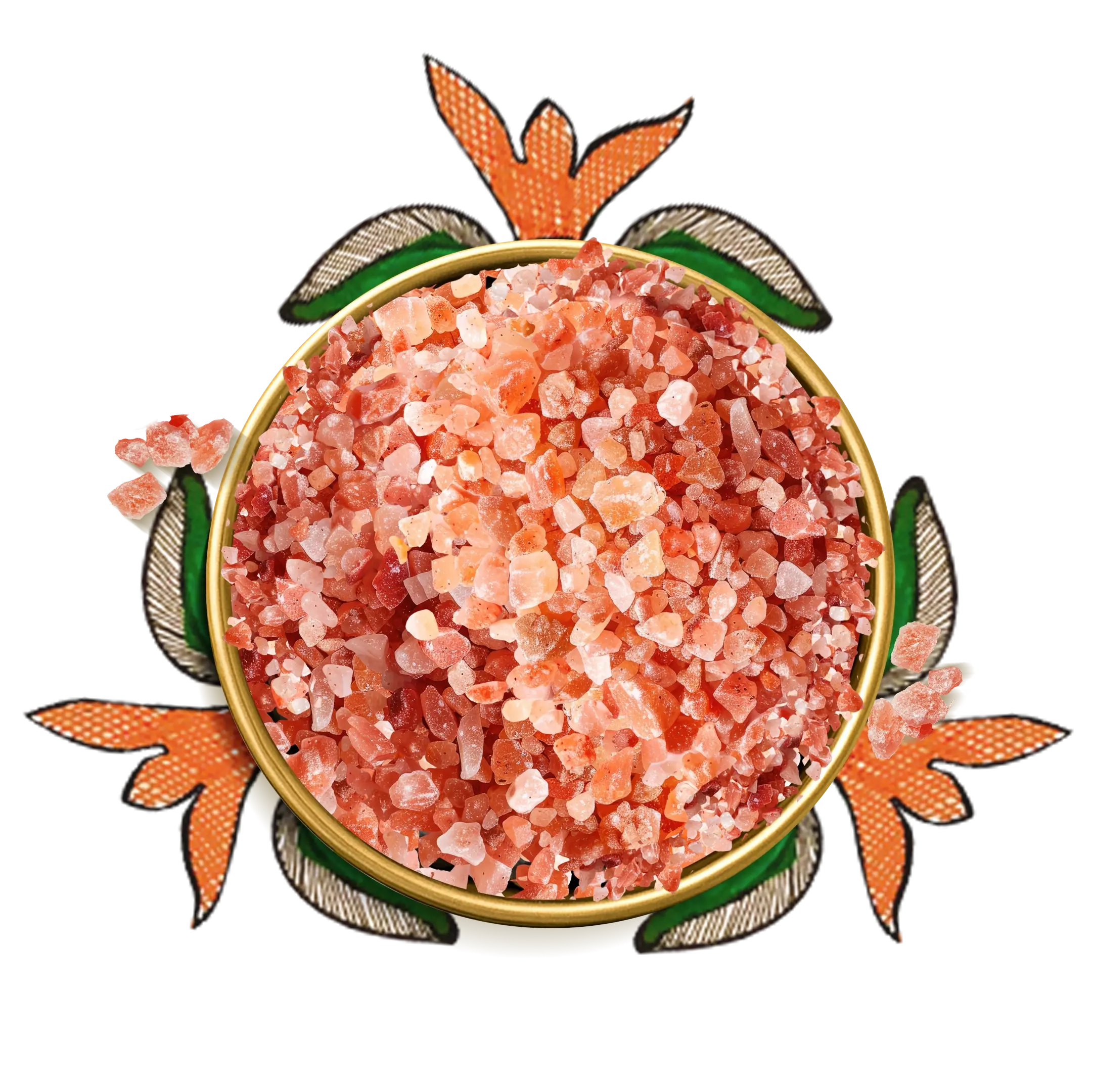 A bowl of Himalayan rock salt surrounded by floral artworks