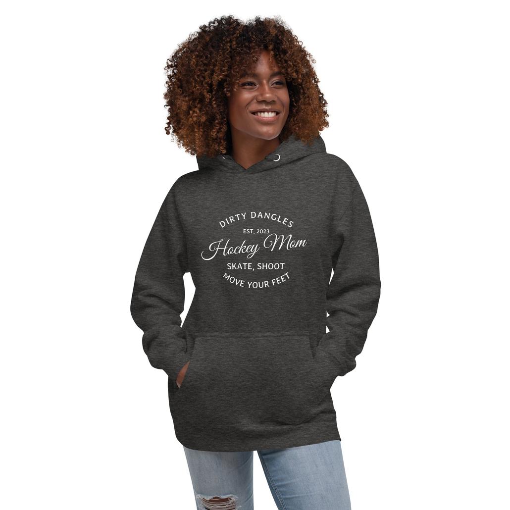 A hockey mom in a gray hoodie. Dirty dangles hockey mom