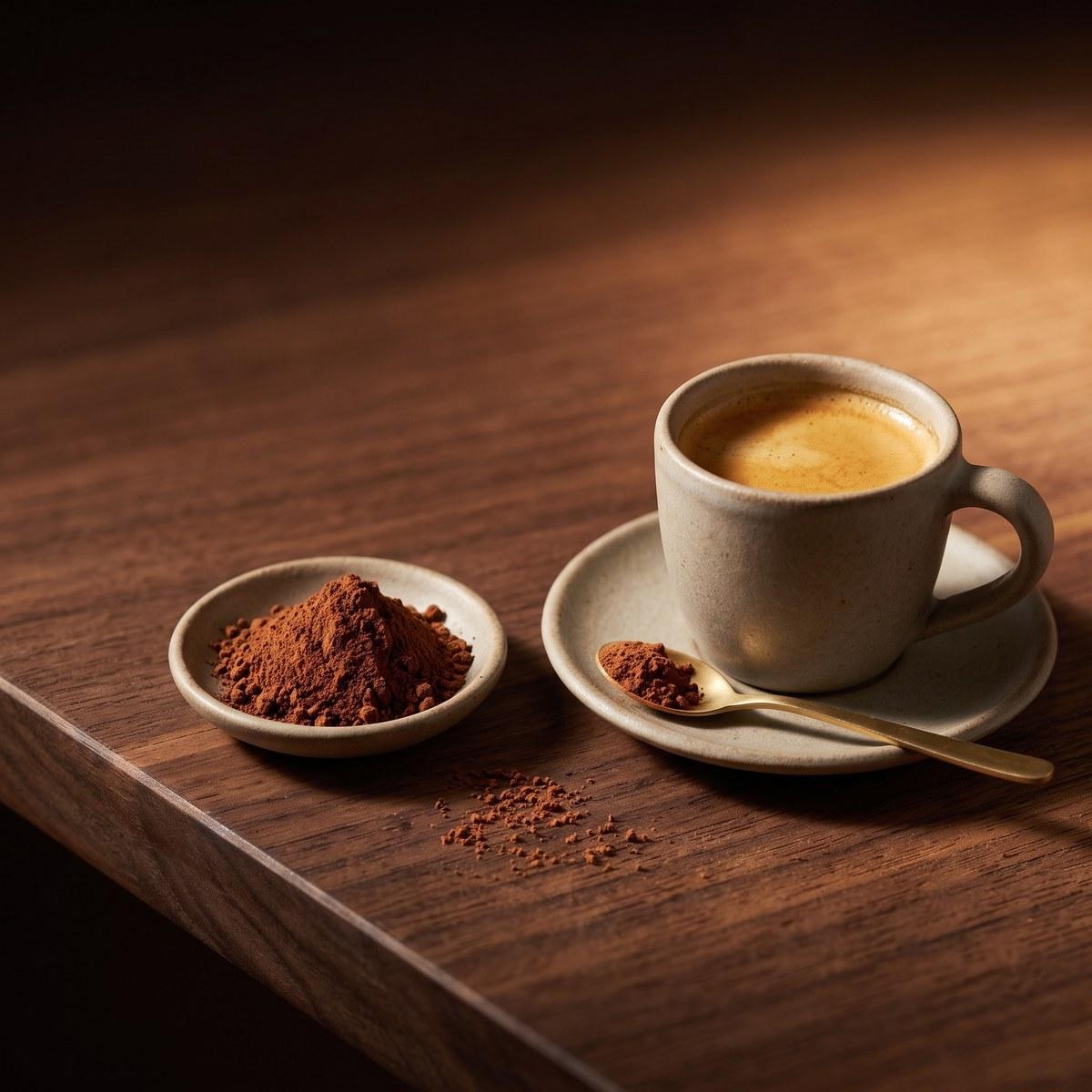Espresso next to a small dish of reishi mushroom powder