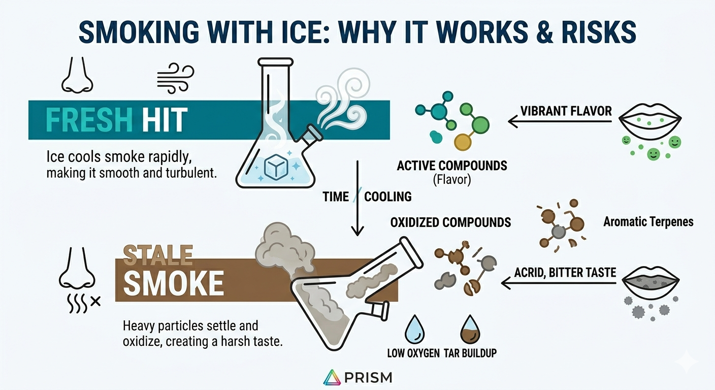 Illustrated diagram comparing fresh smoke vs. stale smoke in a modular glass bong. The top section, 'FRESH HIT,' shows dynamic, colorful (green) smoke flow labeled with 'Arornas Intact' and 'Dynamic Flow.' The bottom section, 'STALE SMOKE,' shows settled, gray smoke labeled 'Heavy Tar Particles Settle,' 'Oxidized Compounds,' and 'Aromas Degrade.' Arrows highlight how dynamic flow prevents smoke from becoming stagnant and oxidized. Prism logo included.