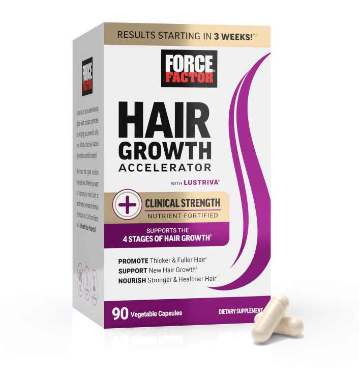 hair growth accelerator capsules with two capsules sitting next to the box