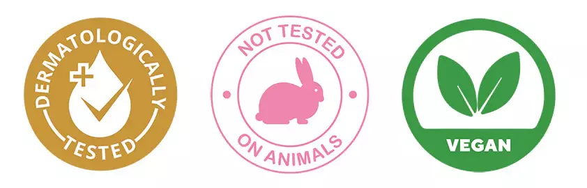 Dermatologically tested, not tested on animals, vegan, paraben free, sulfate freee