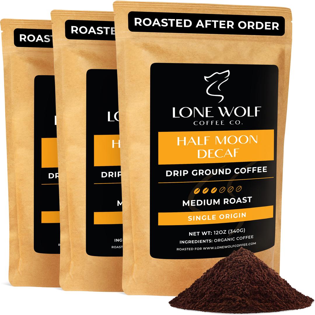 Lone Wolf Coffee - Half Moon Decaf - Medium Roast - Low Acid - 3 Bags Drip Ground Single Origin Organic Coffee